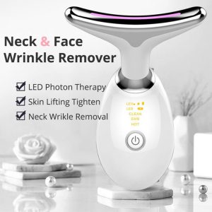 ES‑1081 3‑in‑1 Neck & Face Massager | 3 Color LED Therapy | Anti-Wrinkle | Thermal & Vibration | Face Sculpting Tool – White Massager