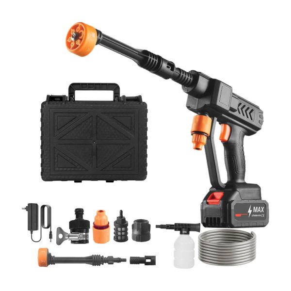 Portable cordless high-pressure water cleaning gun with adjustable 6-mode nozzle and dual 1200mAh batteries – ideal for car washing, garden watering, and home cleaning in the UAE.