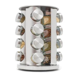 Home Basics Revolving 16 Jar Spice Rack with brushed silver finish – 360-degree rotating organizer with glass jars for modern UAE kitchens.