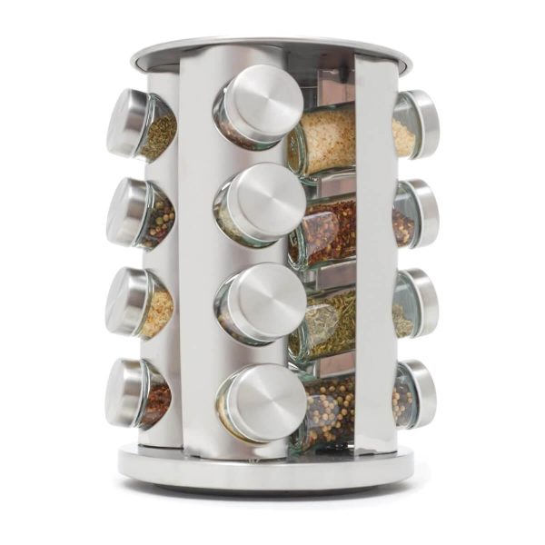 Home Basics Revolving 16 Jar Spice Rack with brushed silver finish – 360-degree rotating organizer with glass jars for modern UAE kitchens.