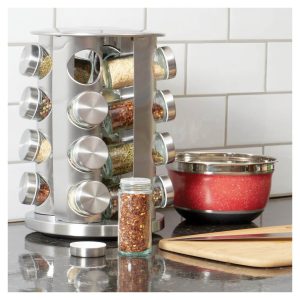 Home Basics 16-Jar Revolving Spice Rack | Carousel Organizer with Brushed Silver Finish | Space-Saving Rotating Design for Kitchen Storage