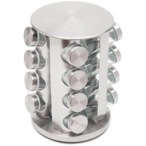 Home Basics 16-Jar Revolving Spice Rack | Carousel Organizer with Brushed Silver Finish | Space-Saving Rotating Design for Kitchen Storage