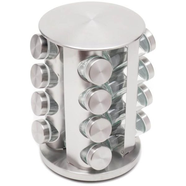 Home Basics 16-Jar Revolving Spice Rack | Carousel Organizer with Brushed Silver Finish | Space-Saving Rotating Design for Kitchen Storage - Image 3