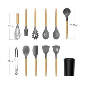 12-piece black silicone kitchen utensil set with heat-resistant wooden handles, ideal for non-stick cookware in UAE kitchens.