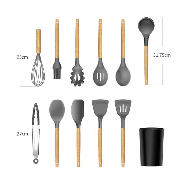 12-piece black silicone kitchen utensil set with heat-resistant wooden handles, ideal for non-stick cookware in UAE kitchens.