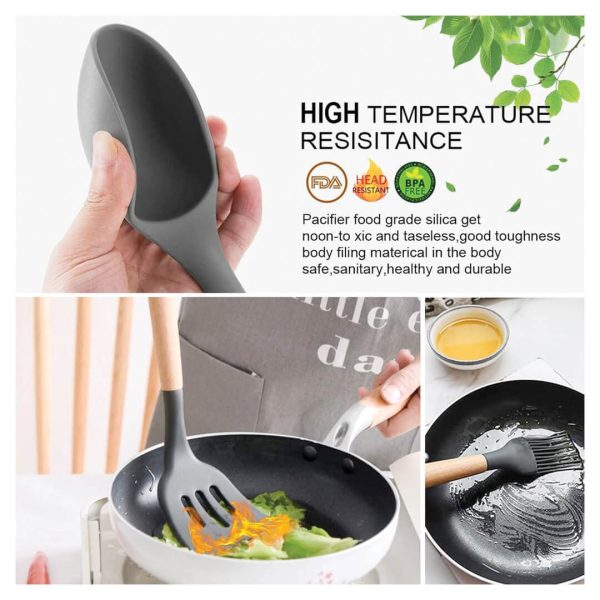 12-Piece Silicone Kitchen Utensil Set | Heat-Resistant Cooking Spoons & Spatulas | Wooden Handles | Non-Stick Friendly | Premium Black Design - Image 3
