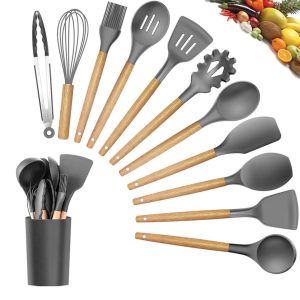 12-Piece Silicone Kitchen Utensil Set | Heat-Resistant Cooking Spoons & Spatulas | Wooden Handles | Non-Stick Friendly | Premium Black Design