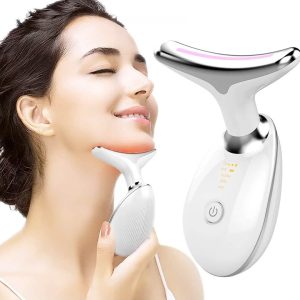 ES‑1081 3‑in‑1 Neck & Face Massager | 3 Color LED Therapy | Anti-Wrinkle | Thermal & Vibration | Face Sculpting Tool – White Massager