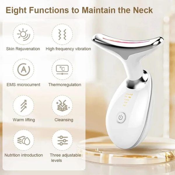 ES‑1081 3‑in‑1 Neck & Face Massager | 3 Color LED Therapy | Anti-Wrinkle | Thermal & Vibration | Face Sculpting Tool – White Massager - Image 4