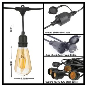 Outdoor String Lights | Commercial Grade Festoon Lights | 10 Meter | 20 LED Bulbs | Waterproof | Decorative Hanging Light for Patio, Garden, Porch, Yard