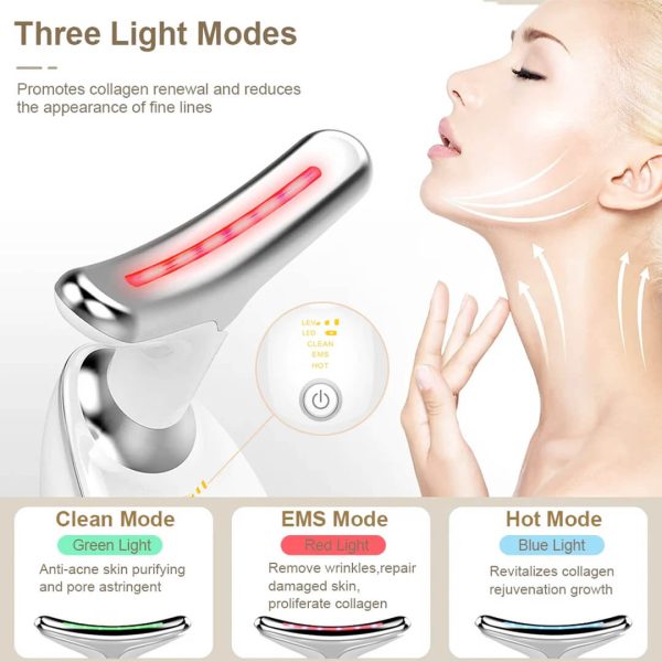 ES‑1081 3‑in‑1 Neck & Face Massager | 3 Color LED Therapy | Anti-Wrinkle | Thermal & Vibration | Face Sculpting Tool – White Massager - Image 9