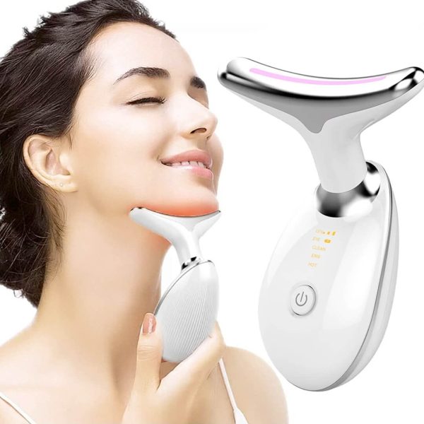 ES‑1081 3‑in‑1 Neck & Face Massager | 3 Color LED Therapy | Anti-Wrinkle | Thermal & Vibration | Face Sculpting Tool – White Massager - Image 5